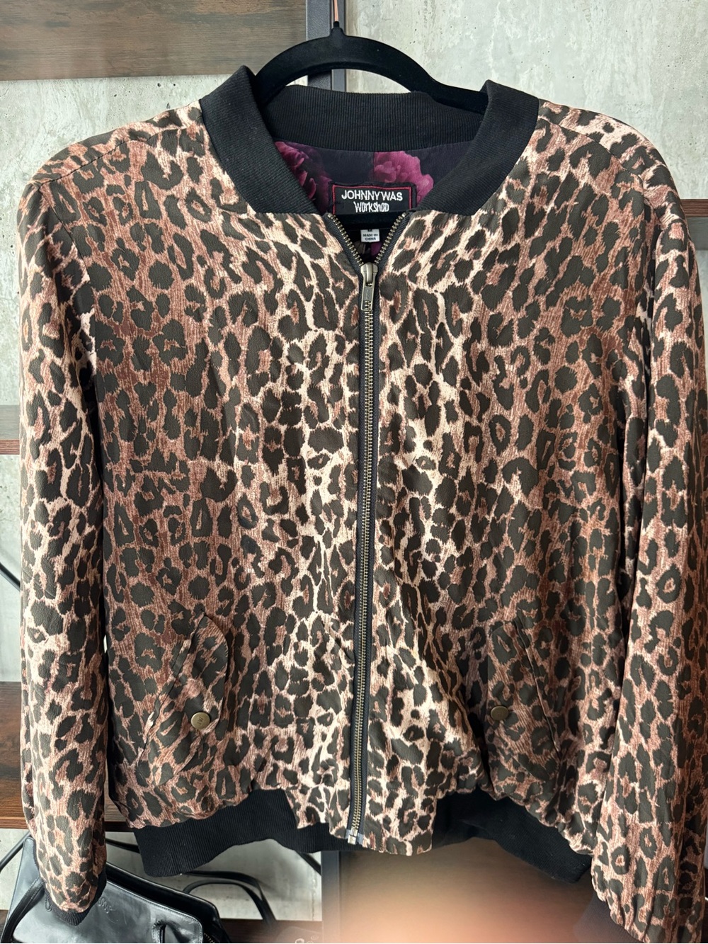 Johnny Was 100% Silk Brown Leopard Print Bomber Jacket - Size Small - NWOT